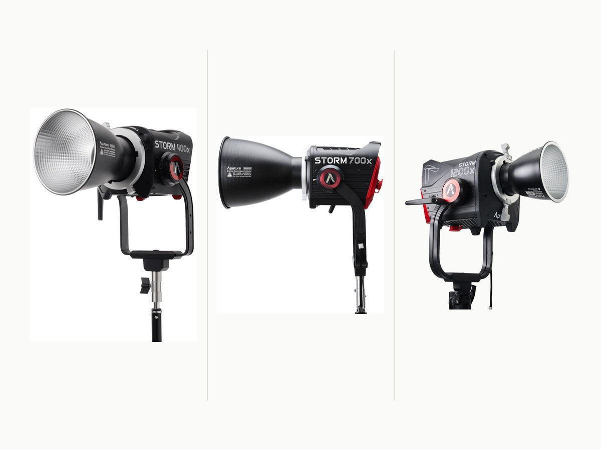 Aputure STORM 400x, STORM 700x and STORM 1200x LED lights side by side