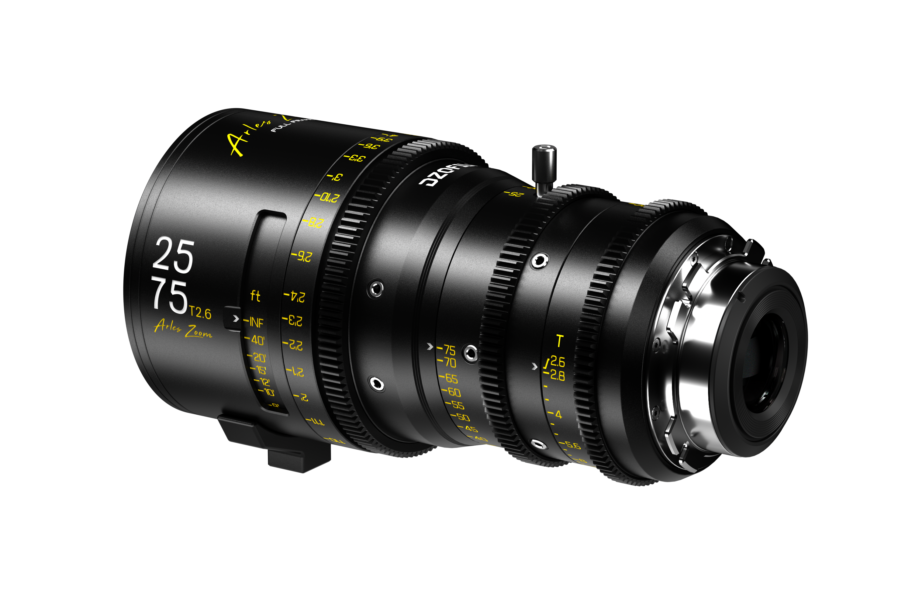 DZOFILM Arles Zoom 25-75mm T2.6 PL lens with feet focus scale, rear three-quarter view