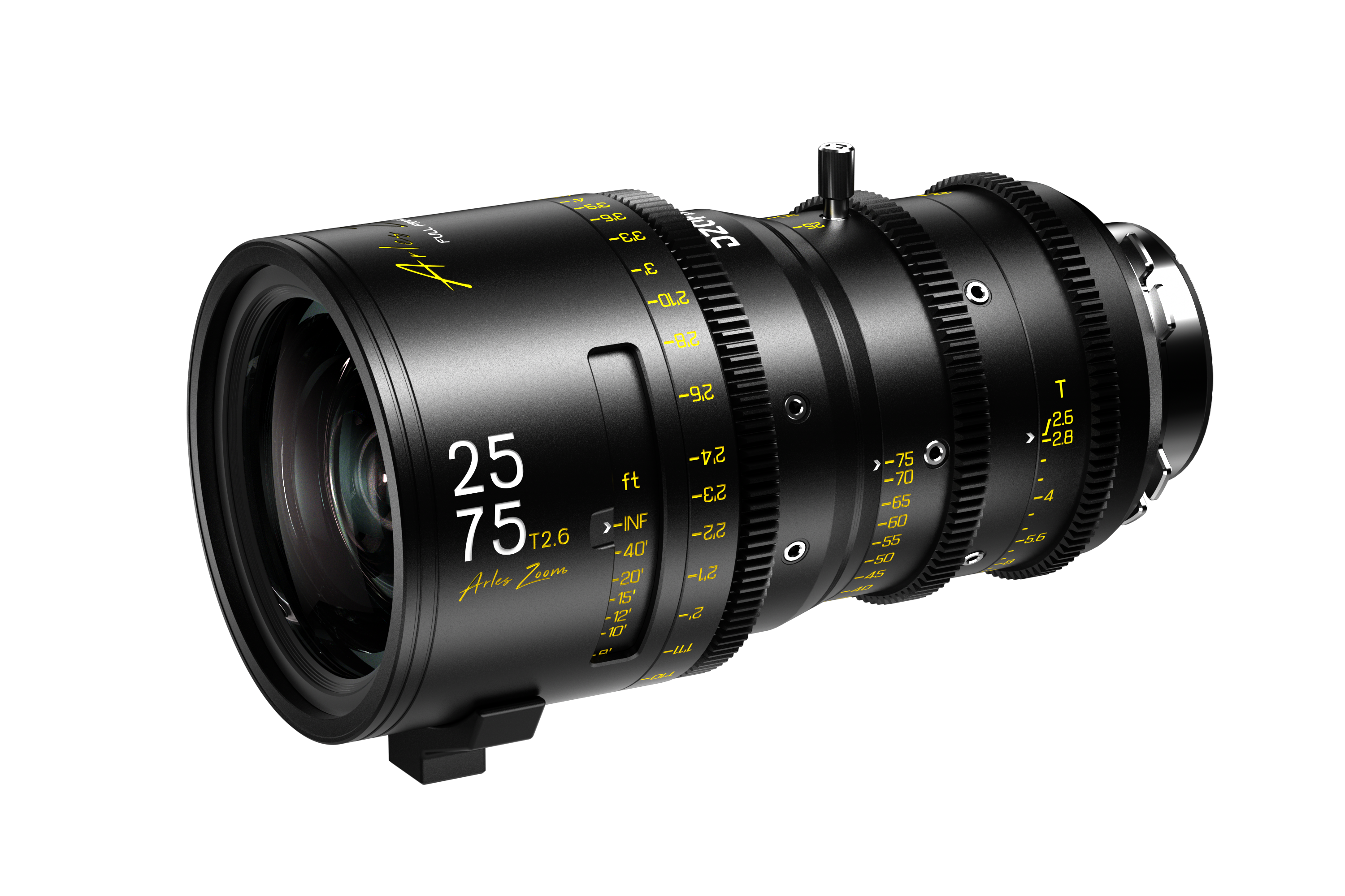 DZOFILM Arles Zoom 25-75mm T2.6 PL lens with feet focus scale, front three-quarter view