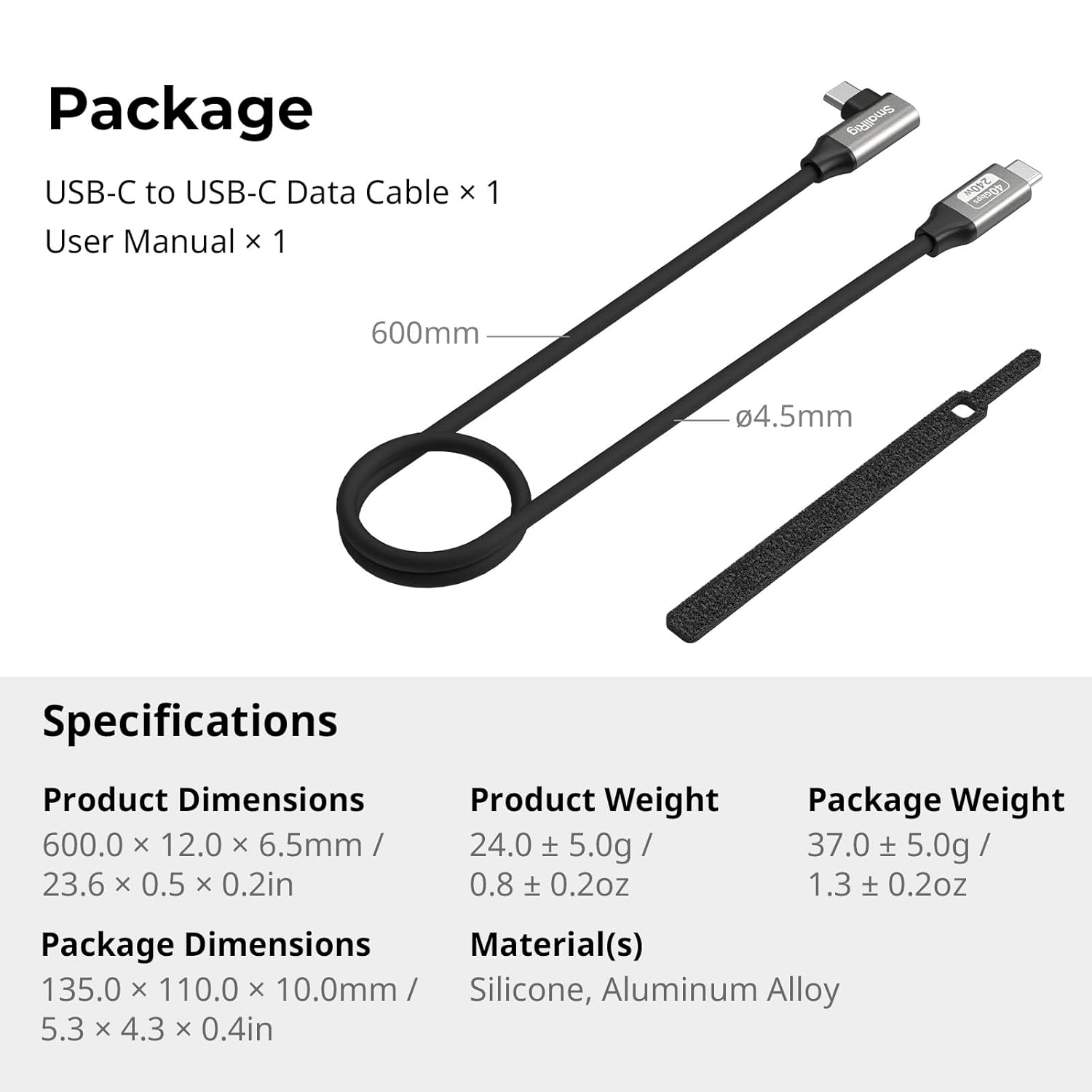 SmallRig USB4 40Gbps USB-C Cable, 240W Fast Charging & 8K@60Hz Video & 40Gbps Data Transfer, 60cm/23.6in Straight to Angled Connectors with Cable Tie, for MacBook for iPad Pro for iPhone - 5076