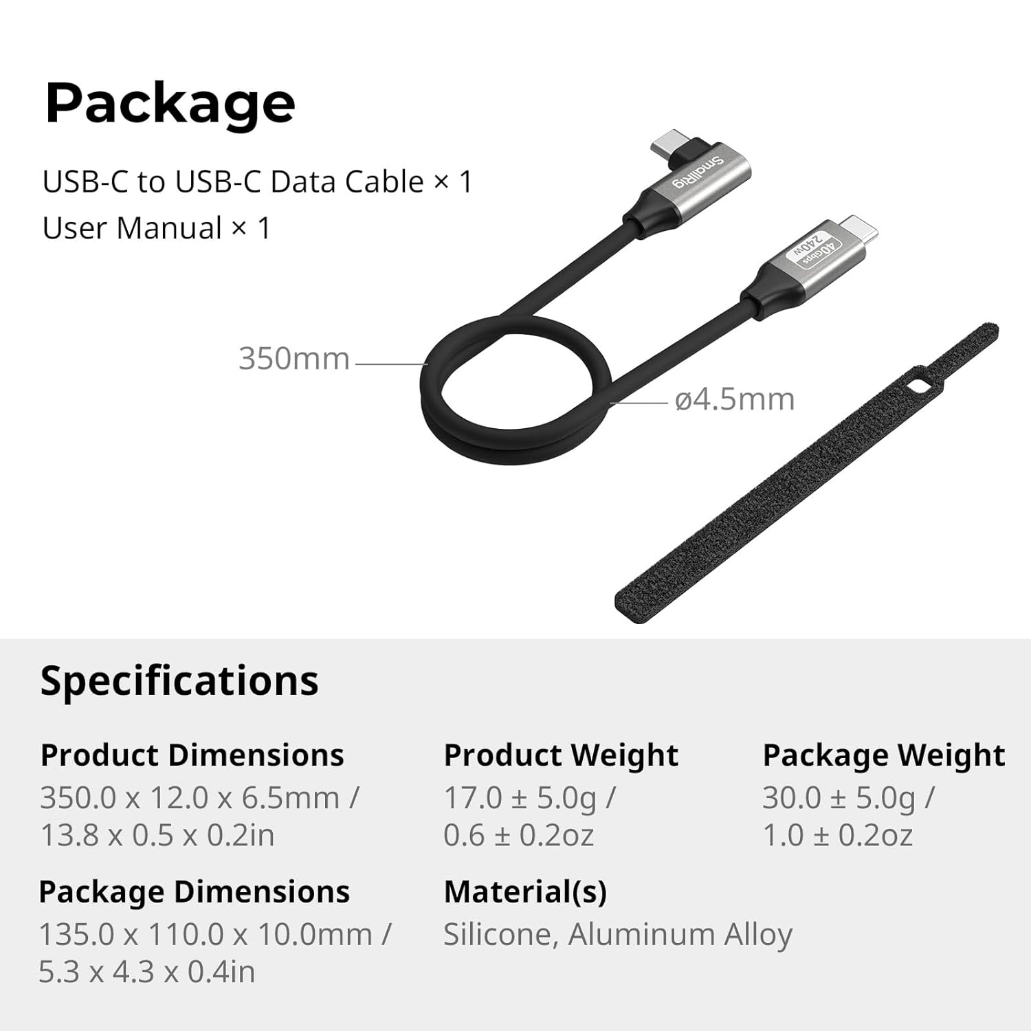 SmallRig USB4 40Gbps USB-C Cable, 240W Fast Charging & 8K@60Hz Video & 40Gbps Data Transfer, 35cm/13.8in Straight to Angled Connectors with Cable Tie, for MacBook for iPad Pro for iPhone - 5075