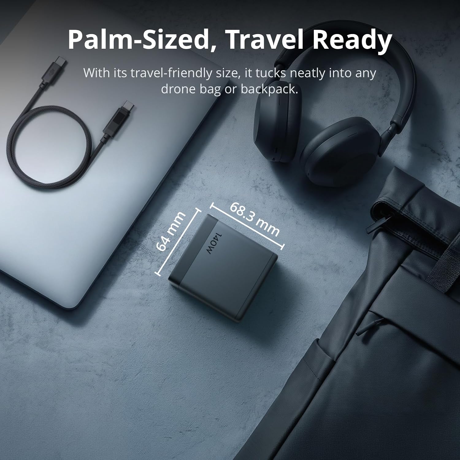 Compact DJI Power 140W GaN charger dimensions for travel