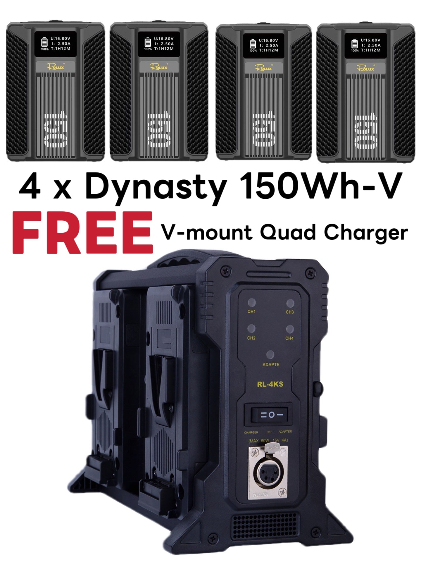 Rolux Dynasty III 150Wh V-Mount Battery FREE Quad Charger Bundle