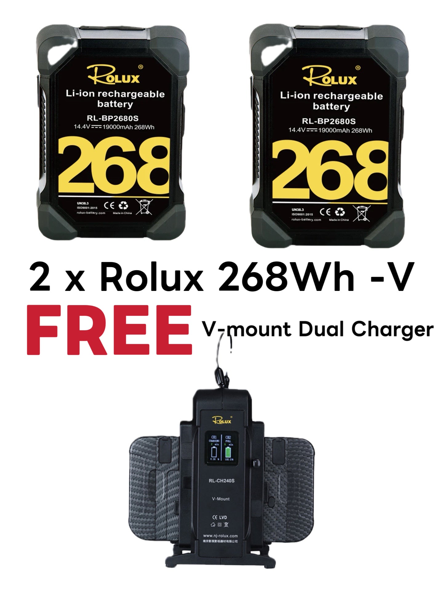 Rolux 268Wh 14v Heavy Duty V-Mount Battery FREE Dual Charger