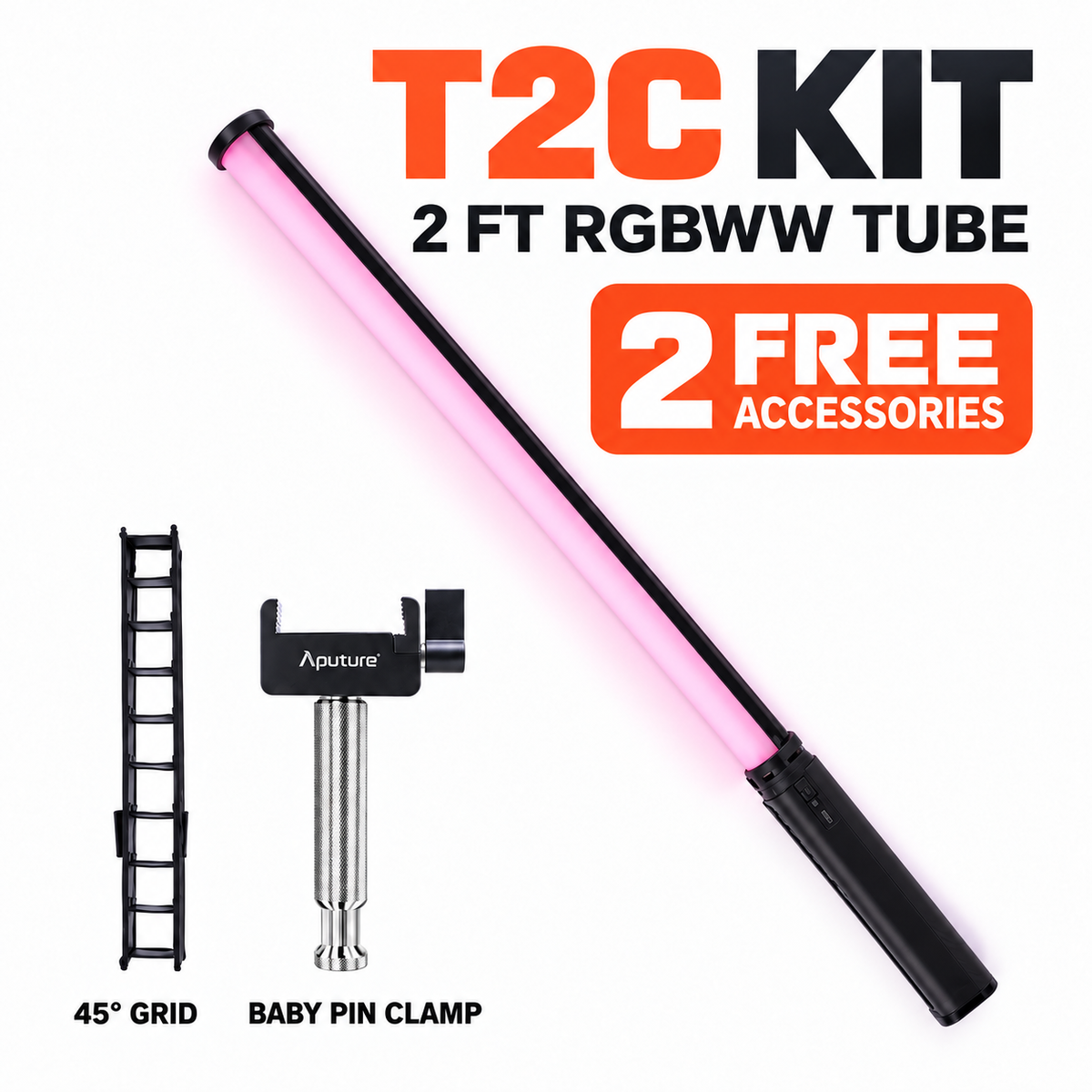 amaran T2c 2 ft RGBWW tube kit with free 45-degree grid and Baby Pin clamp