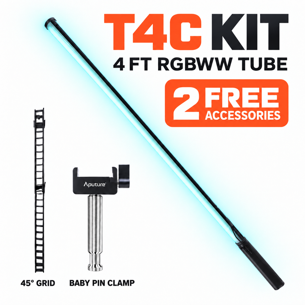 amaran T4c 4 ft RGBWW tube kit with free 45-degree grid and Baby Pin clamp