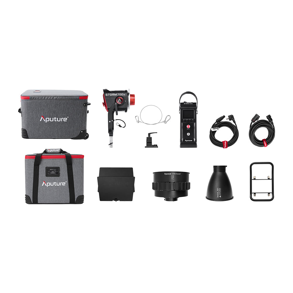 Aputure STORM 700x Cine Kit contents laid out