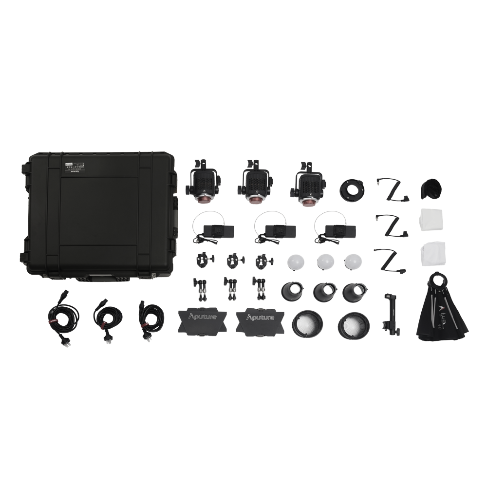 Aputure STORM 80c 3-Light Kit contents with hard case