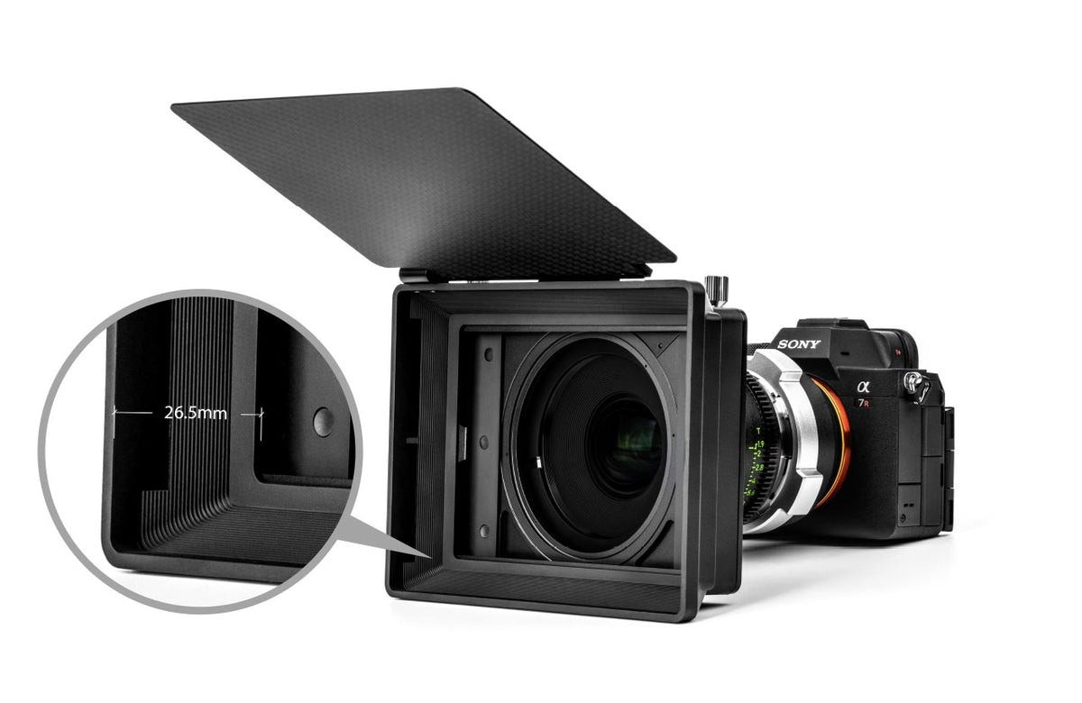 NiSi C5 matte box on a mirrorless camera with a close-up of the rear filter slot