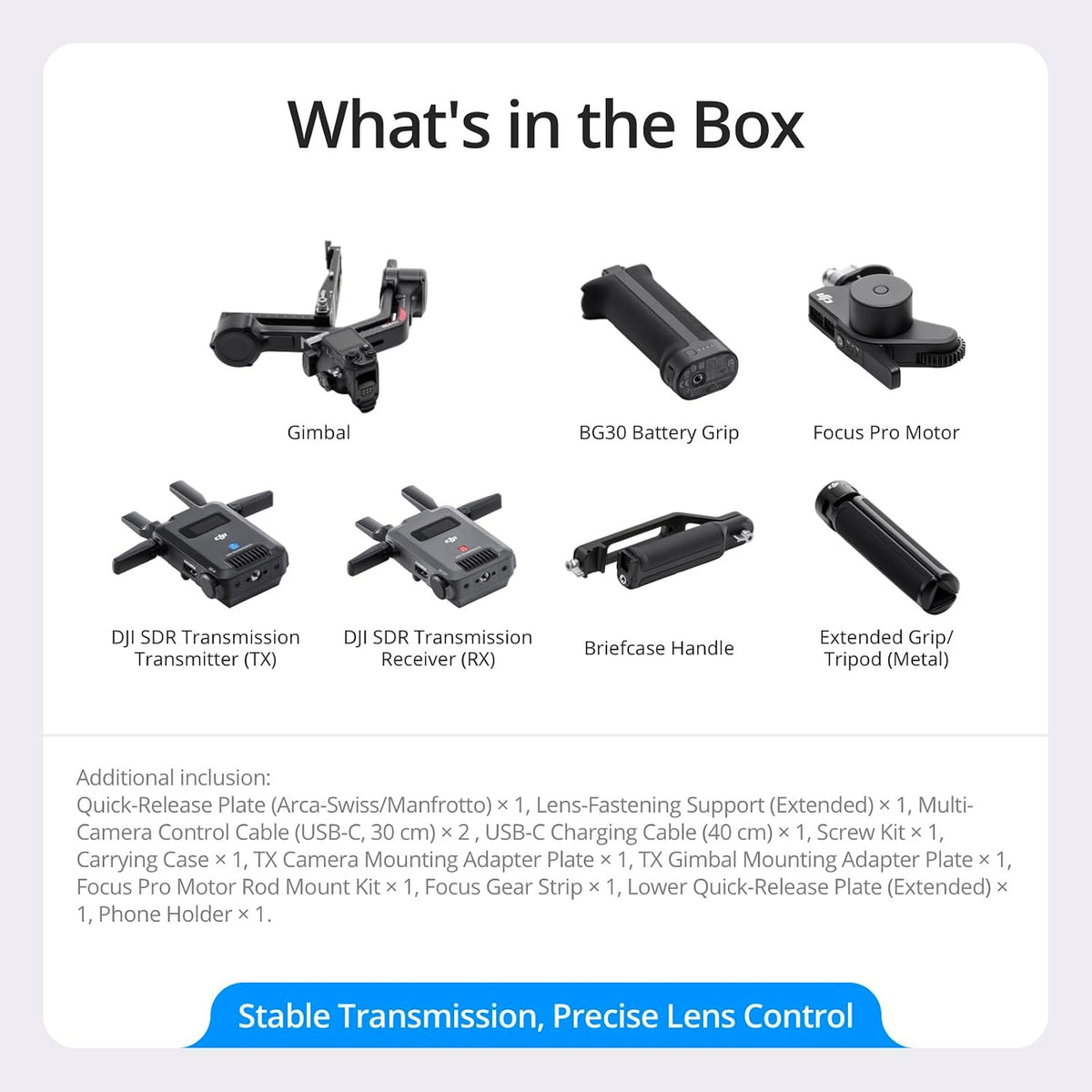 DJI RS 4 Pro Combo (2026) in-box overview with DJI SDR transmitter and receiver and Focus Pro Motor