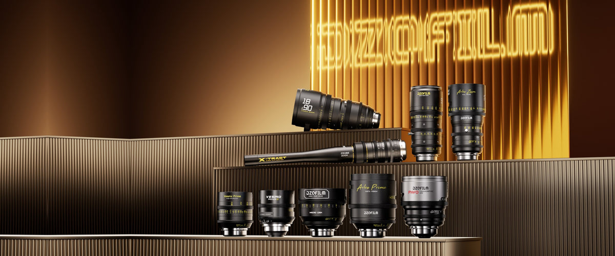 DZOFILM cinema lenses on a gold stage: Arles Zoom, Arles Prime, Vespid, Pavo anamorphic, X-Tract probe and Tango zoom