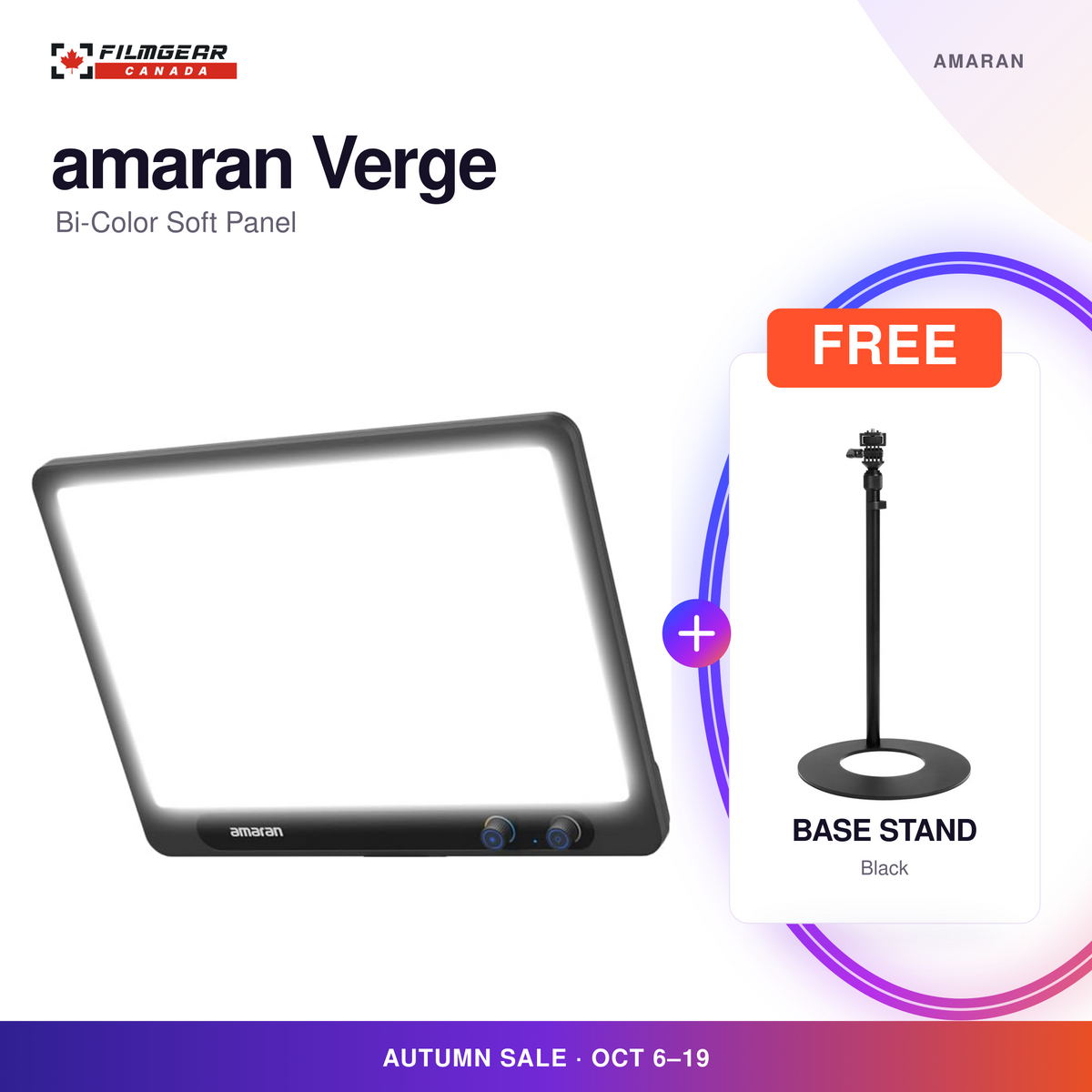 amaran Verge bi-color soft panel with free black Base Stand for Verge; Autumn Sale, October 6-19.
