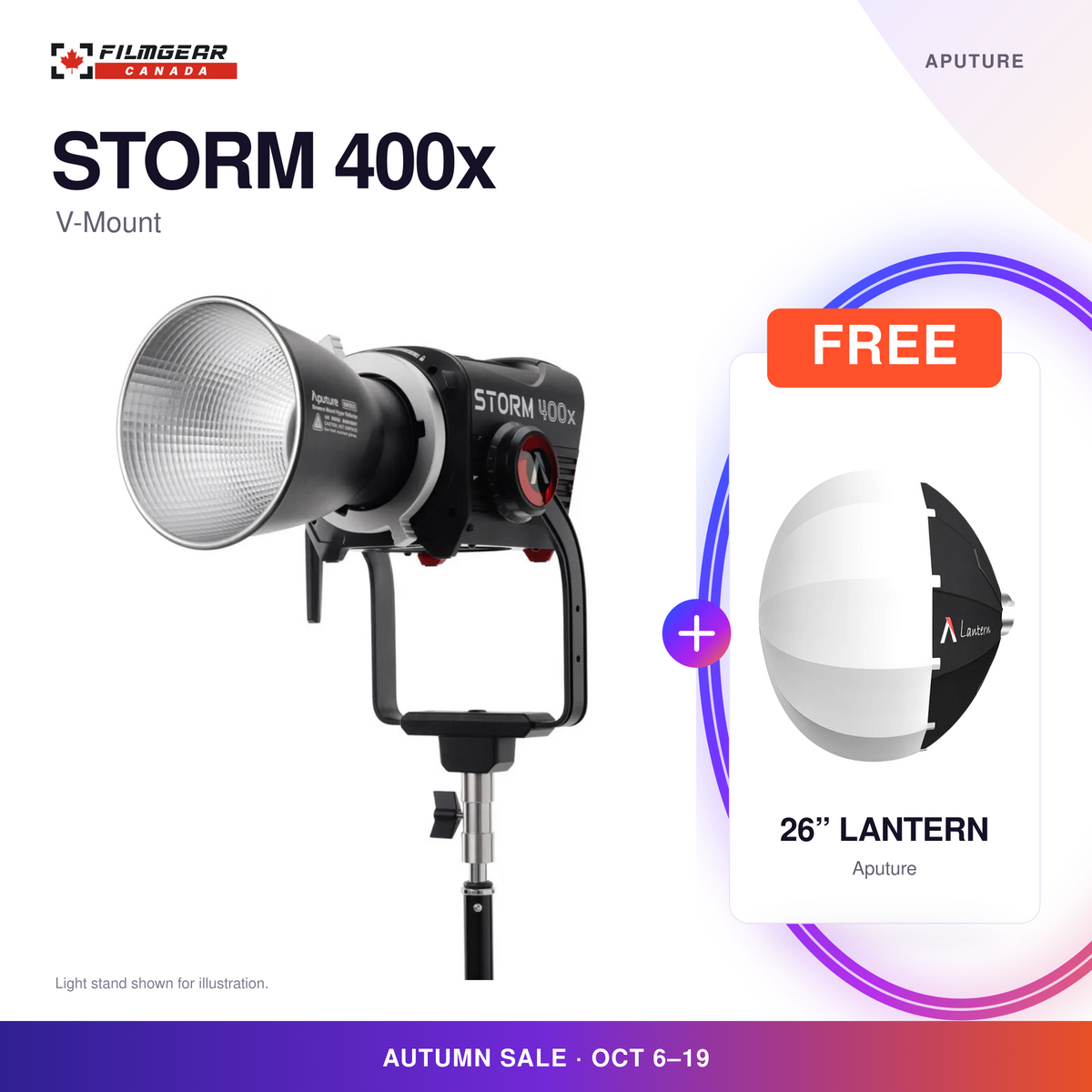 Aputure STORM 400x V-Mount LED monolight with free 26-inch (66 cm) Aputure Lantern; Autumn Sale, October 6-19.