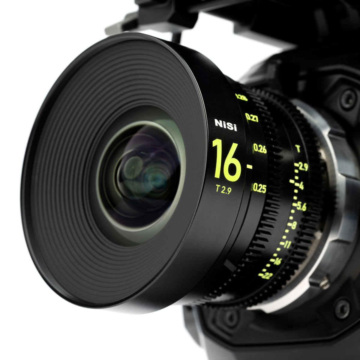NiSi 65 PRIME 16mm T2.9 PL lens, metric version, shown mounted on a cinema camera (camera not included)