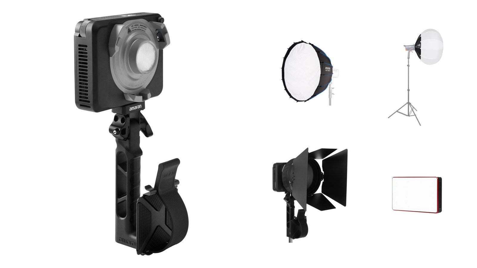 Wedding videography lighting kit: amaran Ray 120c key light with Light Dome 90 softbox, FPS L90 lantern, Aputure MC pocket light and amaran T2C tube