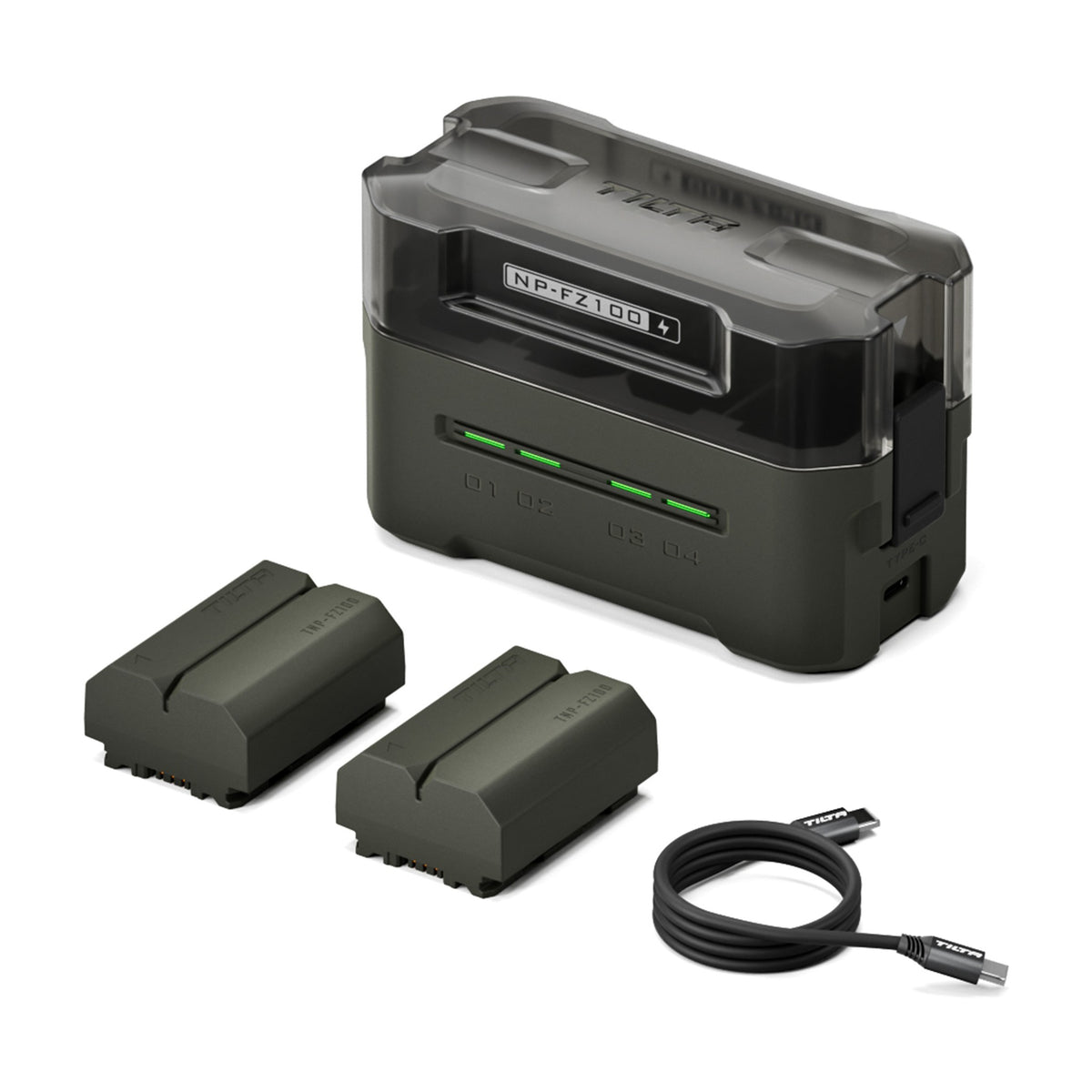 Tilta NP-FZ100 charging station kit in Green with two batteries and USB-C cable