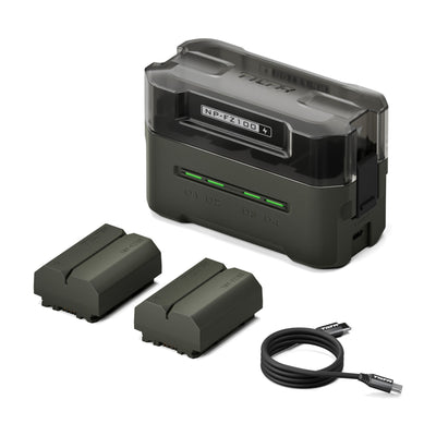 Tilta NP-FZ100 charging station kit in Green with two batteries and USB-C cable