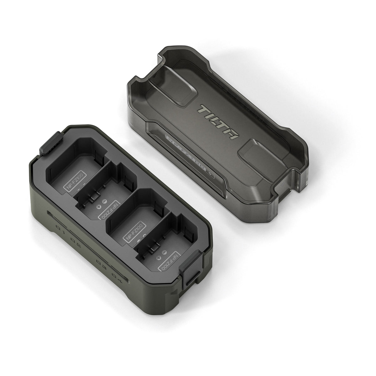 Tilta NP-FZ100 charging station with lid open showing four battery slots
