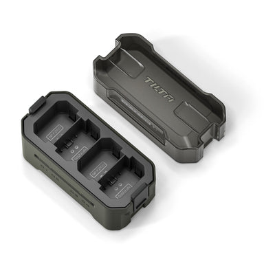Tilta NP-FZ100 charging station with lid open showing four battery slots