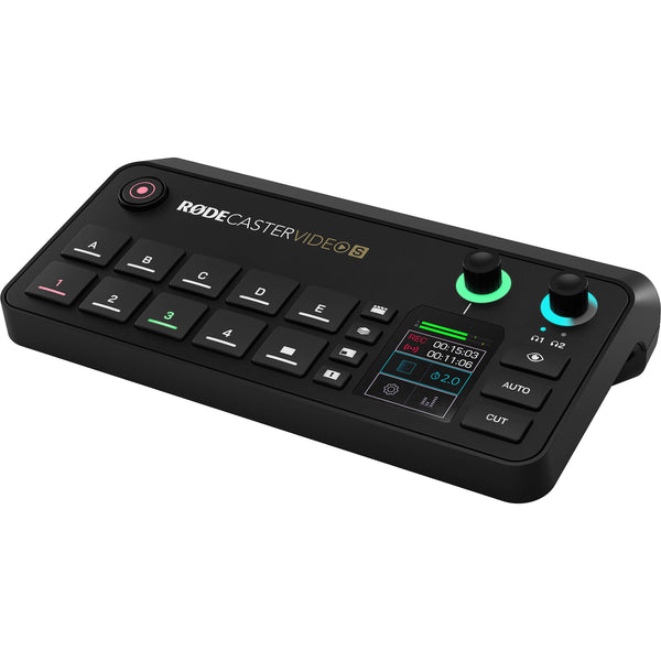 RØDECaster Video S console seen from an angle, showing the source pads and rotary encoders