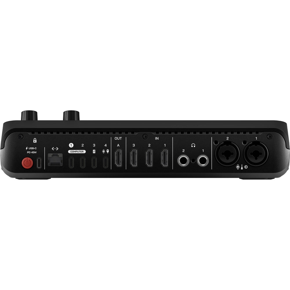 Rear panel of the RØDECaster Video S showing HDMI inputs, USB-C, Ethernet and two XLR combo jacks