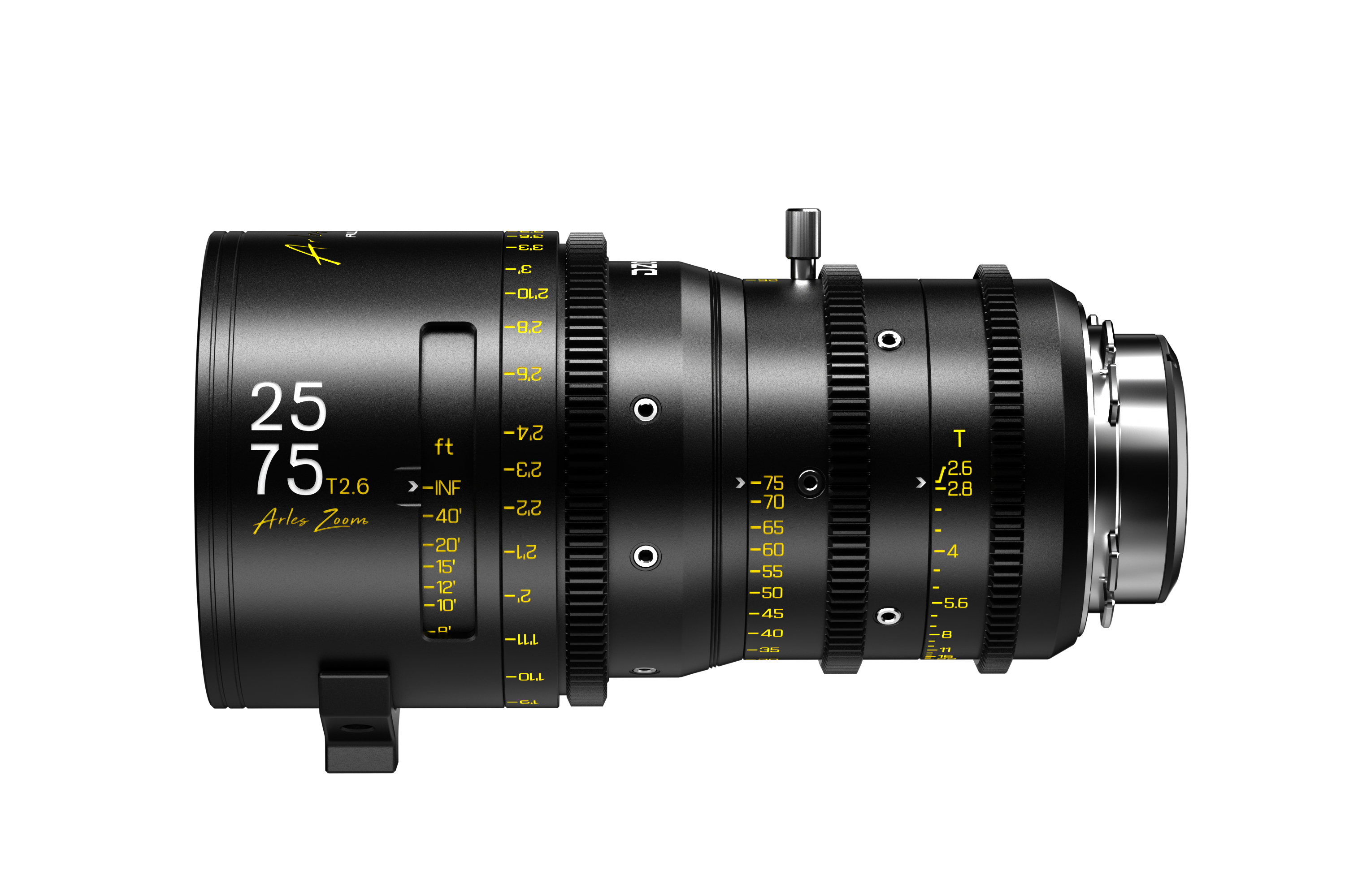 DZOFILM Arles Zoom 25-75mm T2.6 PL lens with feet focus scale, side view