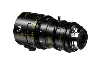 DZOFILM Arles Zoom 25-75mm T2.6 PL lens with feet focus scale, rear three-quarter view
