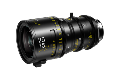 DZOFILM Arles Zoom 25-75mm T2.6 PL lens with feet focus scale, front three-quarter view
