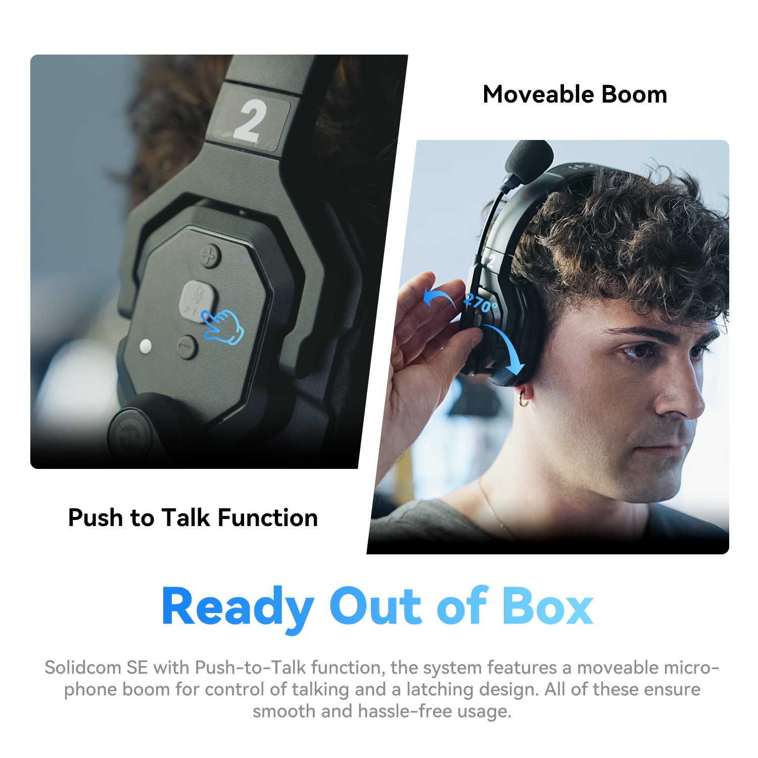 Hollyland Solidcom SE Push-to-Talk and movable boom feature panel