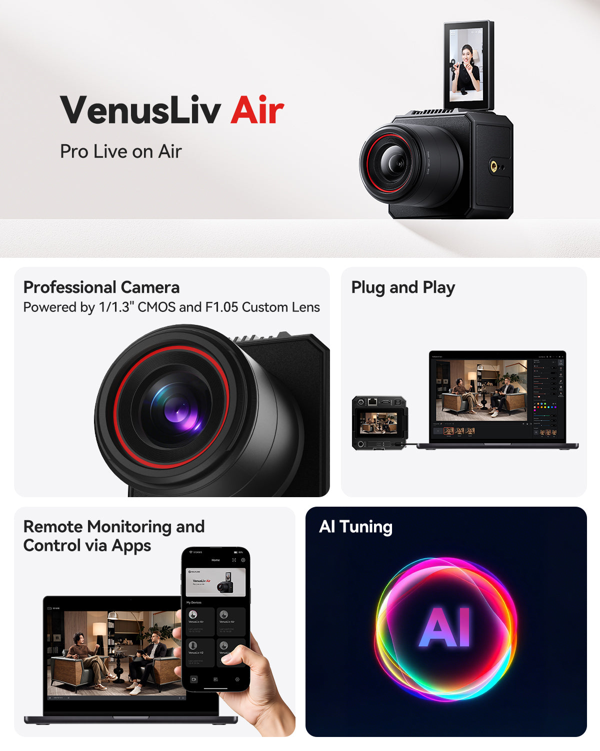 Hollyland VenusLiv Air 4K live streaming camera with included accessories