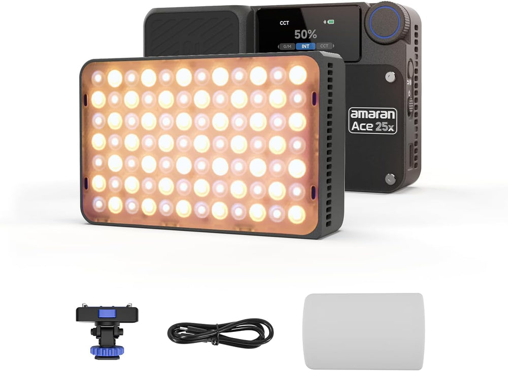 amaran Ace 25x bi-color mini light with its Ace Lock to cold shoe adapter, USB-C cable and dome diffuser