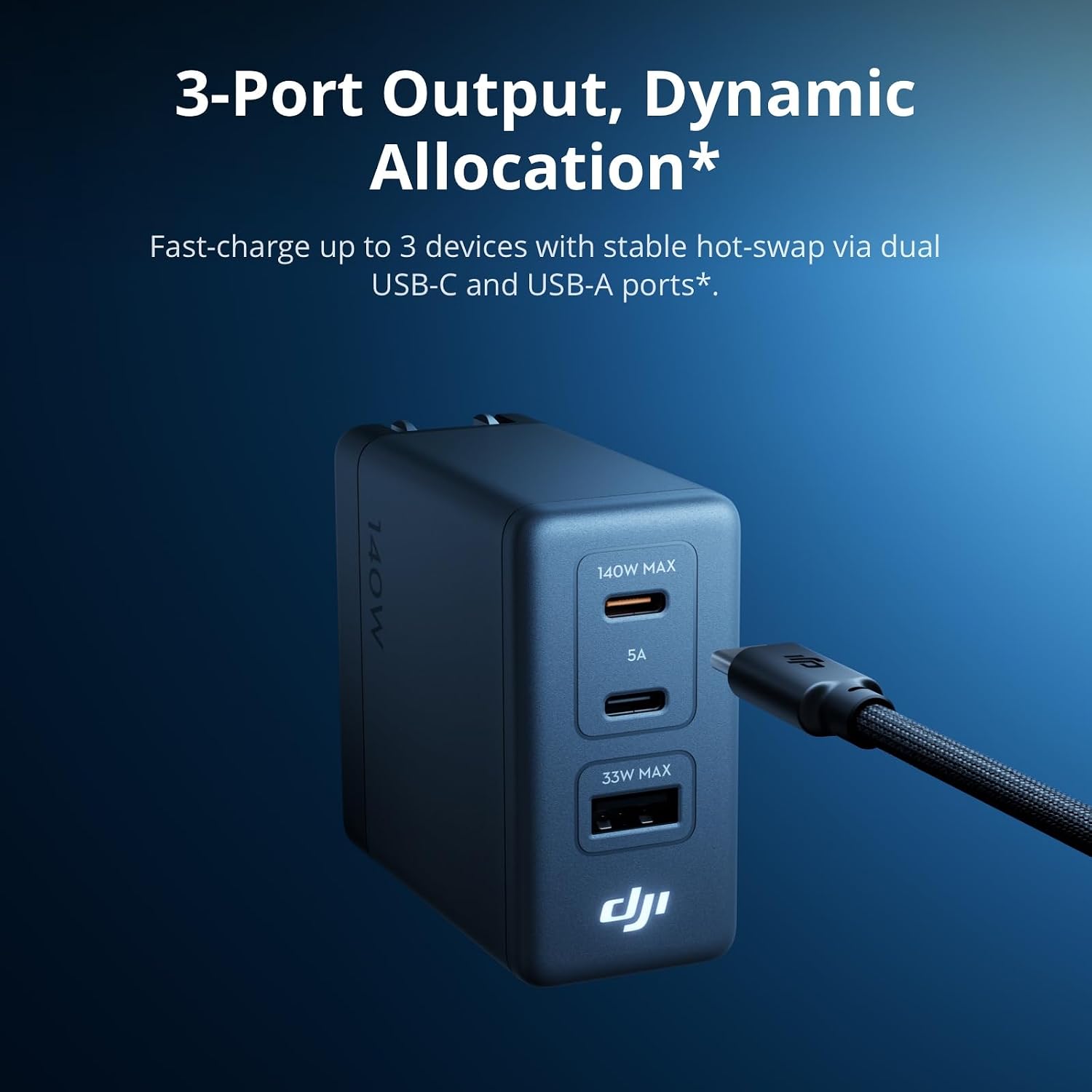 Front view of the three-port DJI Power 140W GaN charger