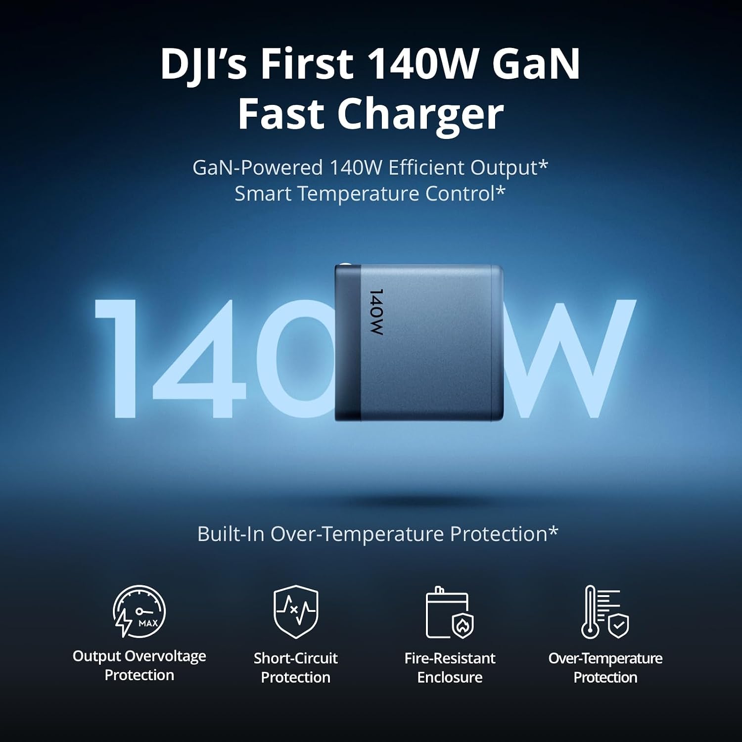 DJI Power 140W GaN charger with 140W output and temperature protection features