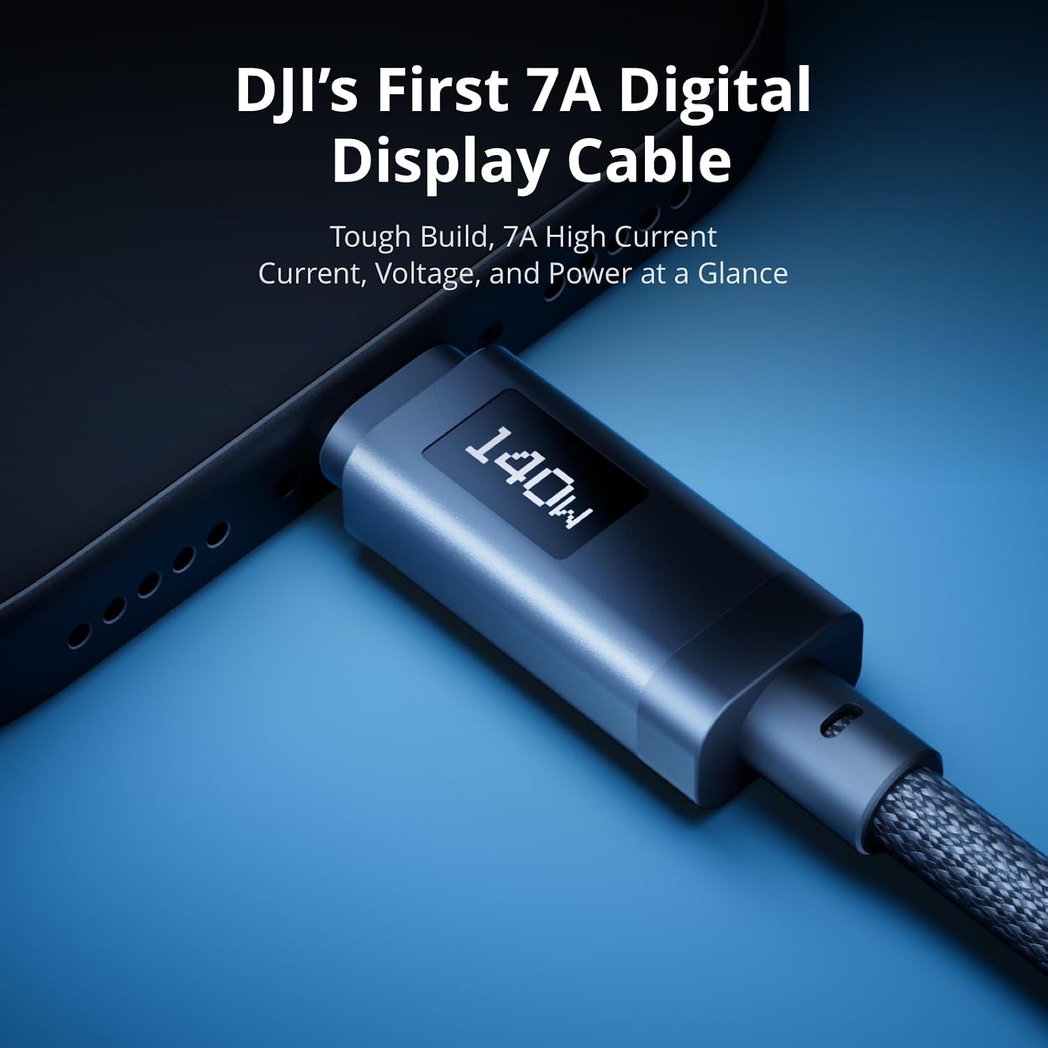 DJI Power 7A USB-C digital display cable showing real-time 140W readout