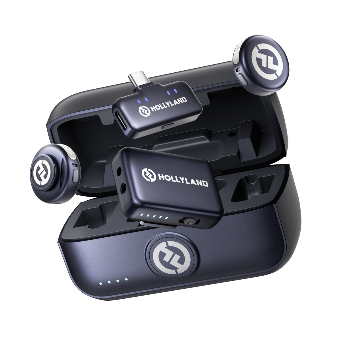 Hollyland LARK M3 Combo 2TX&2RX with two transmitters, camera receiver and USB-C receiver in the charging case