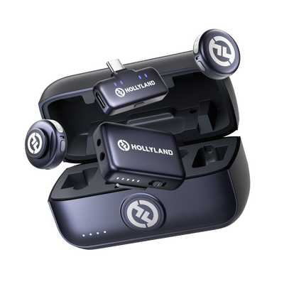 Hollyland LARK M3 Combo 2TX&2RX with two transmitters, camera receiver and USB-C receiver in the charging case