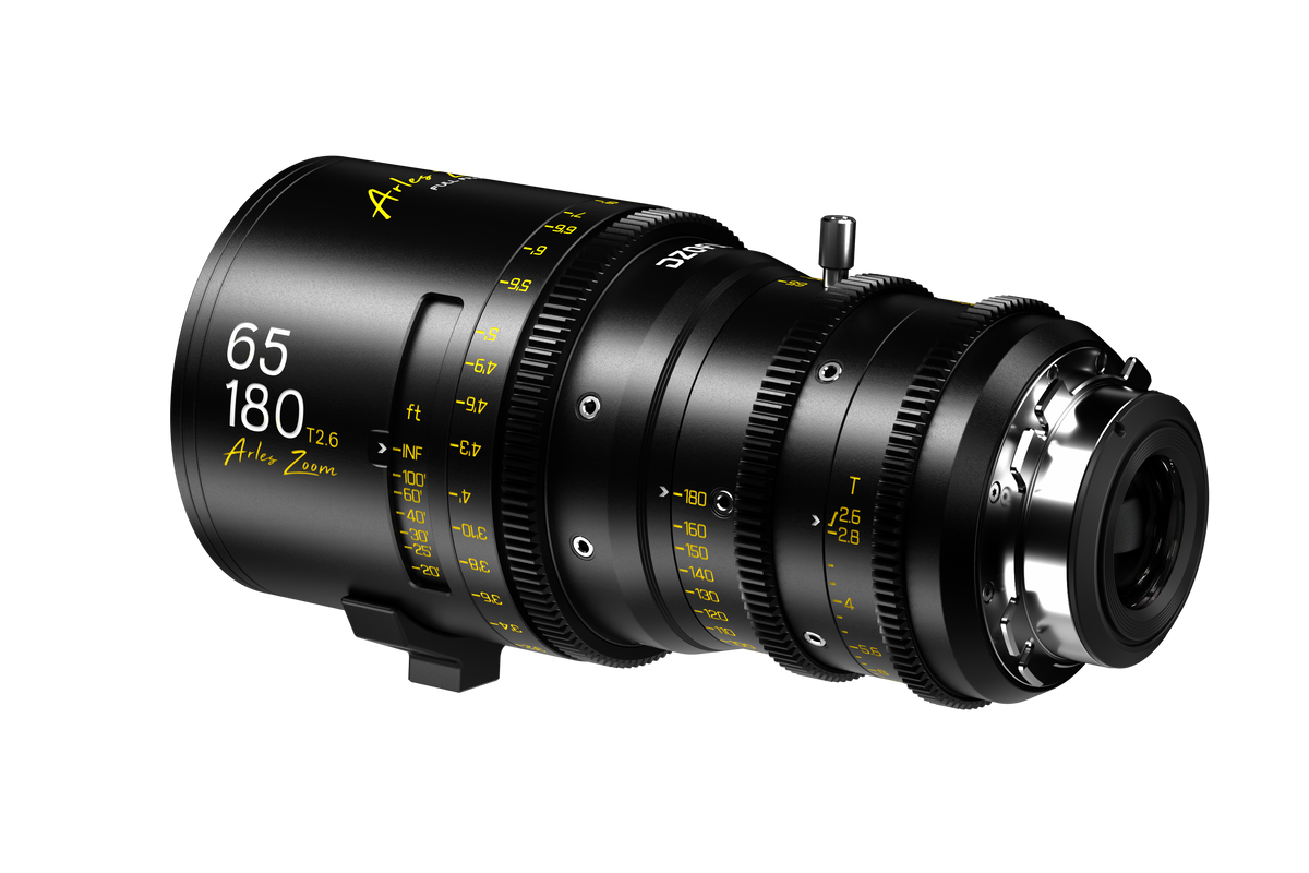DZOFILM Arles Zoom 65-180mm T2.6 PL lens with feet focus scale, rear three-quarter view