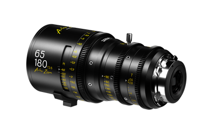 DZOFILM Arles Zoom 65-180mm T2.6 PL lens with feet focus scale, rear three-quarter view
