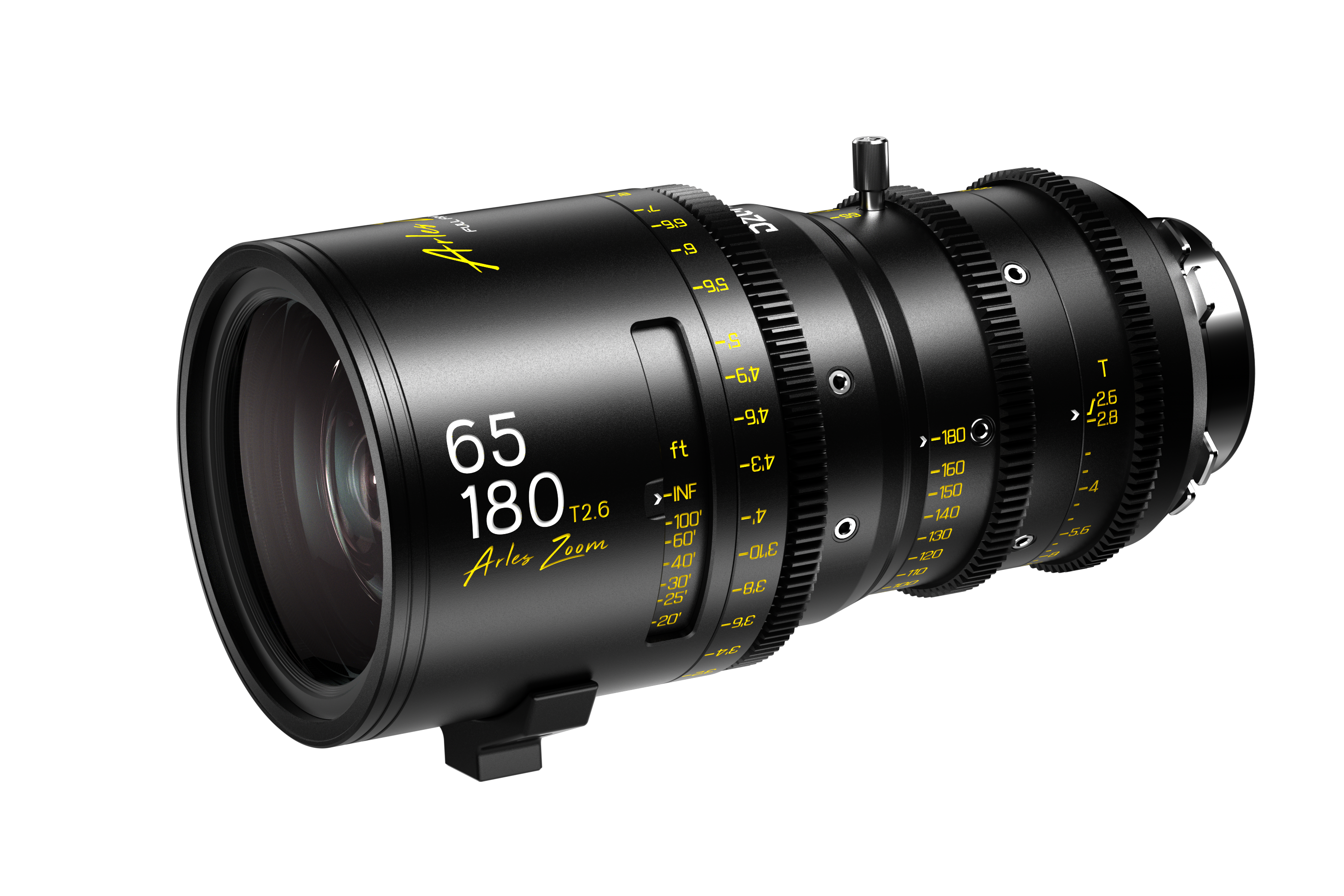 DZOFILM Arles Zoom 65-180mm T2.6 PL lens with feet focus scale, front three-quarter view