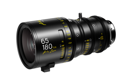 DZOFILM Arles Zoom 65-180mm T2.6 PL lens with feet focus scale, front three-quarter view