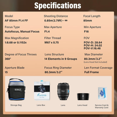 SIRUI Aurora 85mm f/1.4 Full-Frame Autofocus Lens (Sony E-mount)