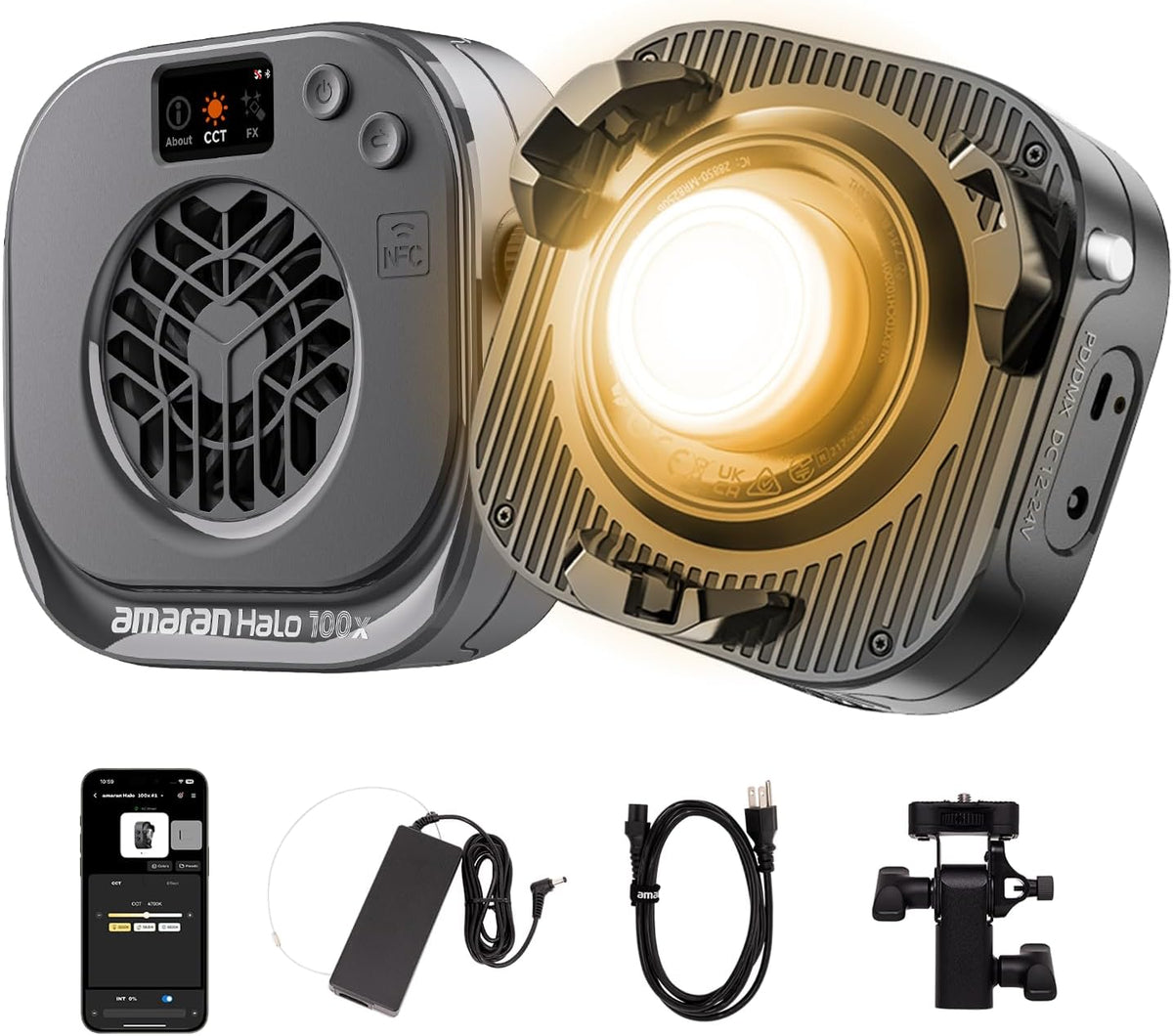 amaran Halo 100x bi-colour LED light with power accessories