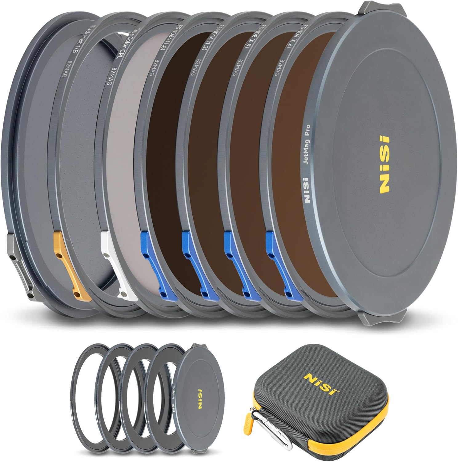 NiSi JetMag Pro Cinema Kit 82MAG Magnetic Filter Kit (FS ND 2 Stop, FS ND 3 Stop, FS ND 4 Stop, FS ND 6 Stop, TC CPL, Black Mist 1/8, 67mm/72mm/77mm/82mm Adaptors, Two Front Caps, Back Cap, Caddy Pouch)