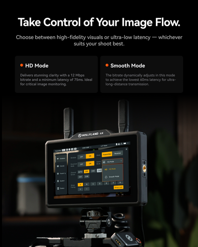 Hollyland Pyro 5 4K HD Mode at 12 Mbps and Smooth Mode for 60 ms latency