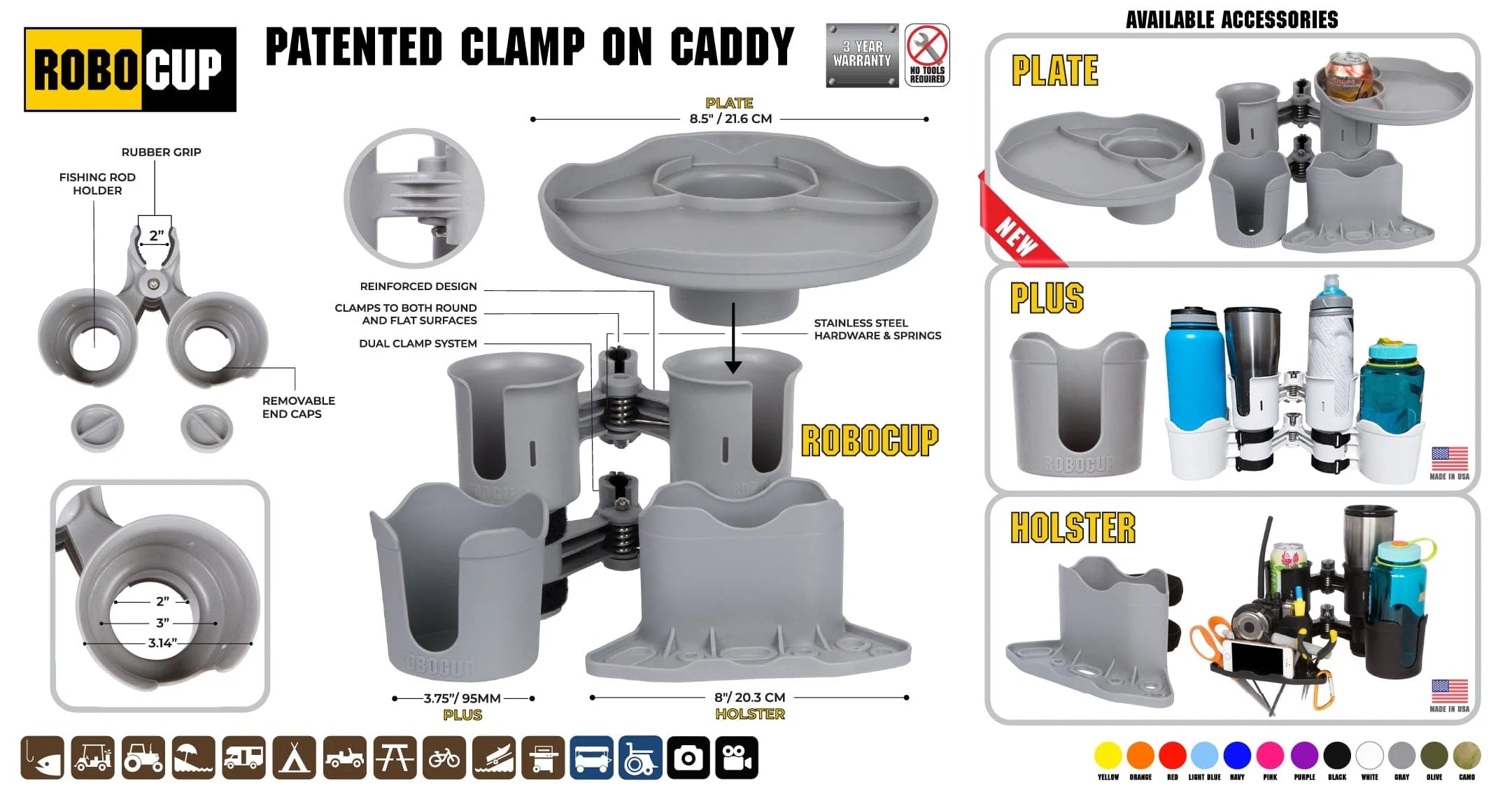 Robocup RoboCup Clamp-On Dual Cup Holder (Grey) - Film Gear Canada