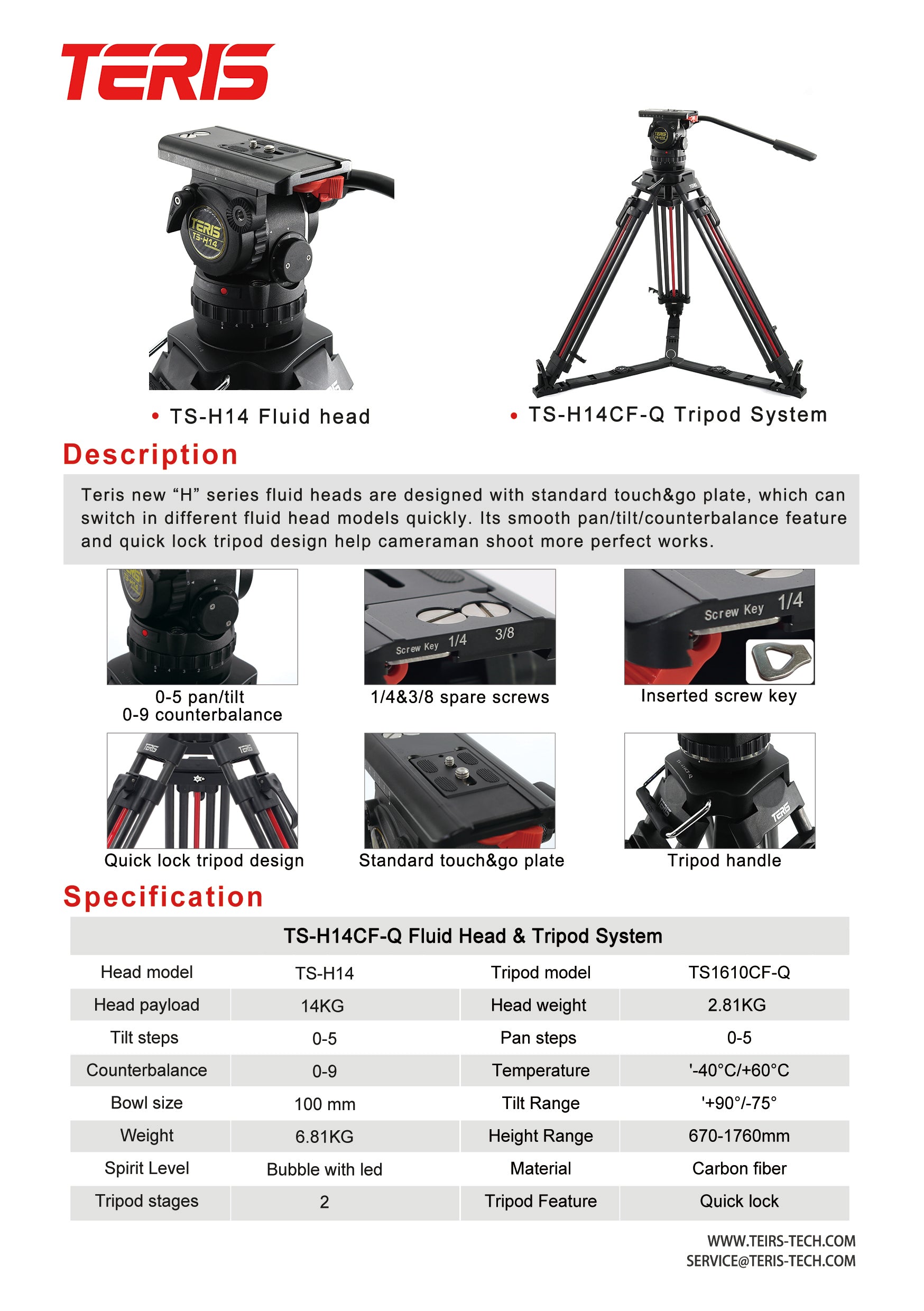 Teris TS-H14CF-Q Fluid Head Tripod System 100mm 14KG/31lb payload