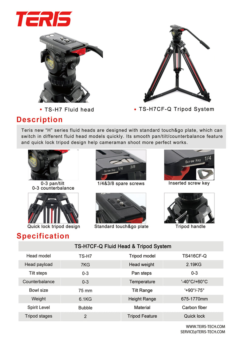 Teris TS-H7CF-Q Fluid Head Tripod System 7KG payload