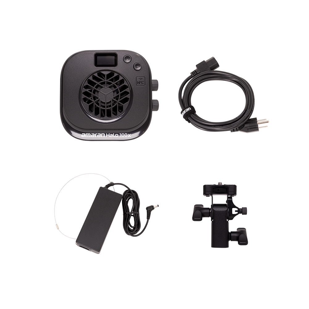 Amaran Halo 100x in the box: light, power adapter, AC cable and mounting adapter