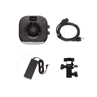 Amaran Halo 100x in the box: light, power adapter, AC cable and mounting adapter