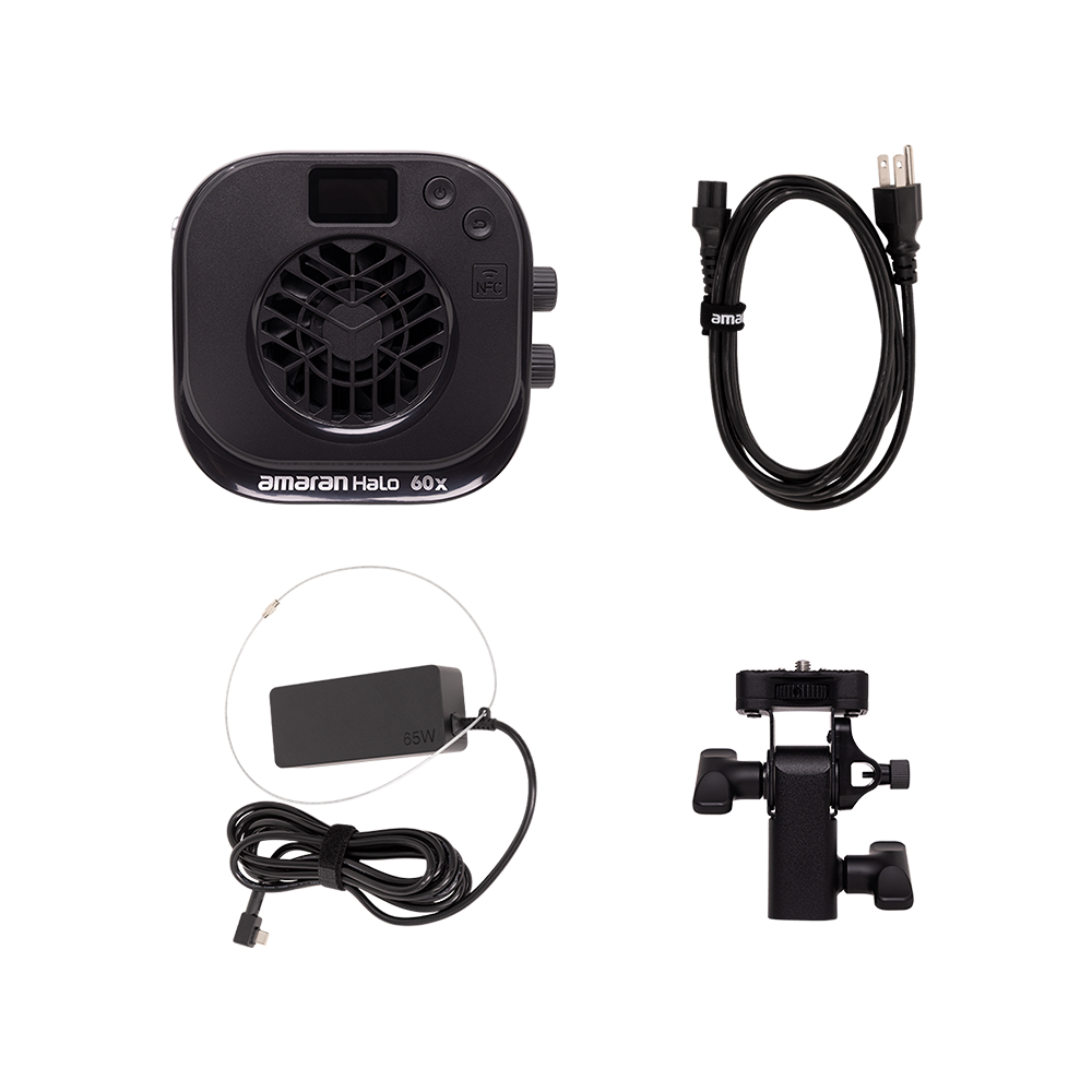 Amaran Halo 60x in the box: light, power adapter, AC cable and mounting adapter
